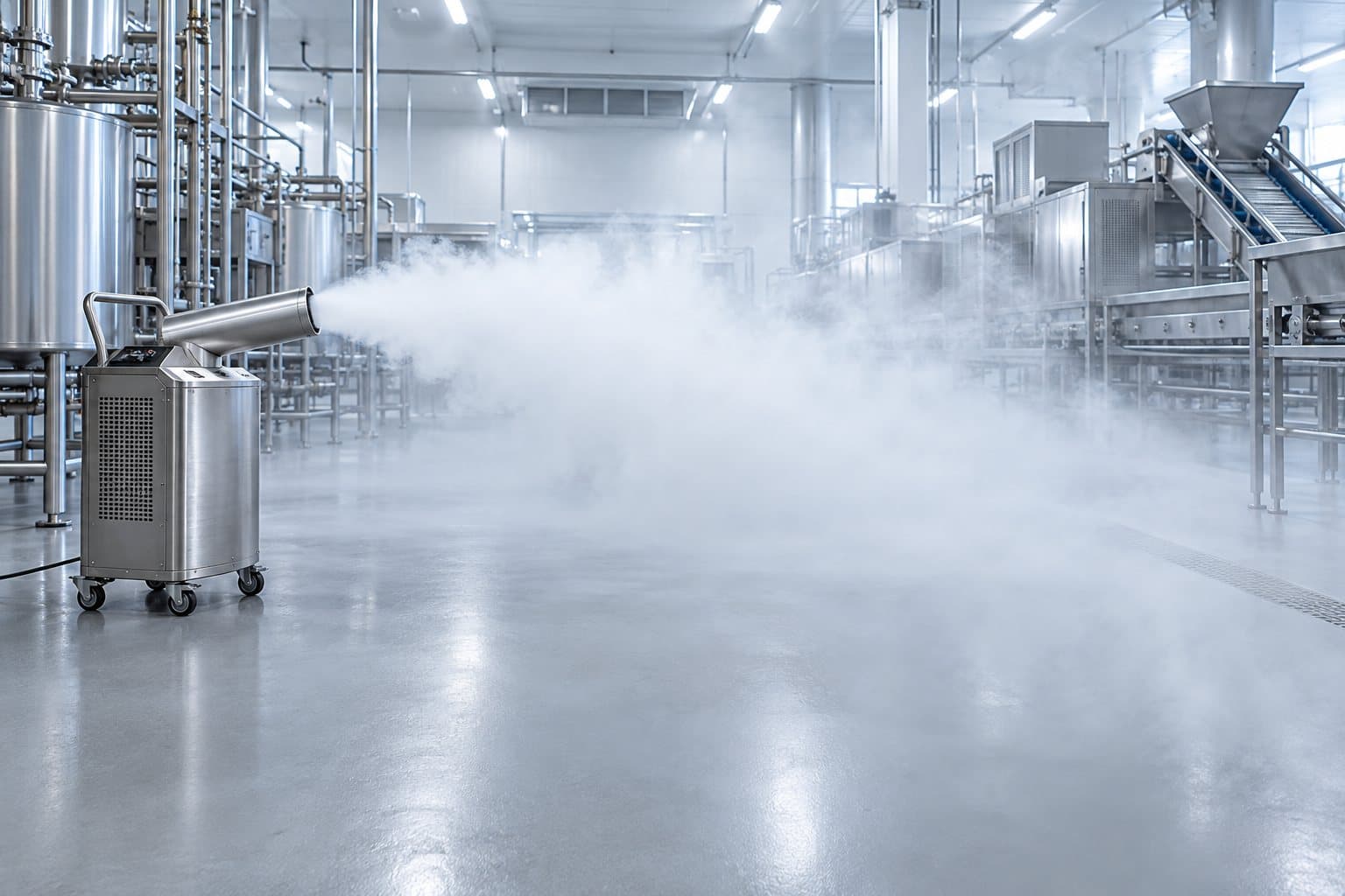 A mobile dry-fog generator misting a production hall