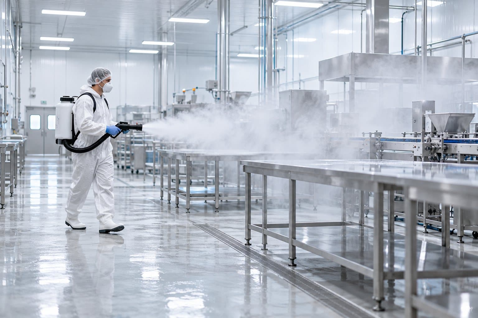 A worker spraying a production hall with an electrostatic backpack sprayer