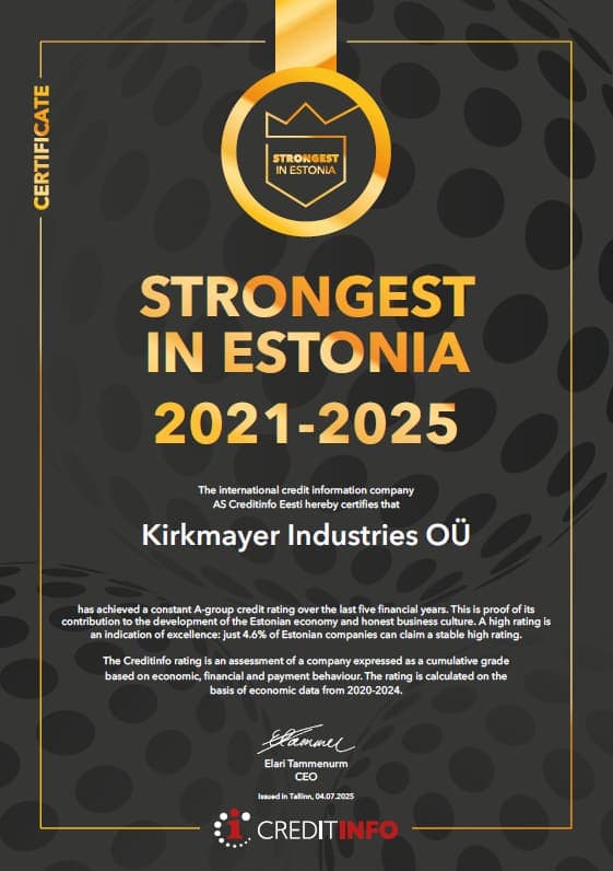 Certificado Creditinfo Strongest in Estonia 2021–2025 de Kirkmayer Industries OÜ