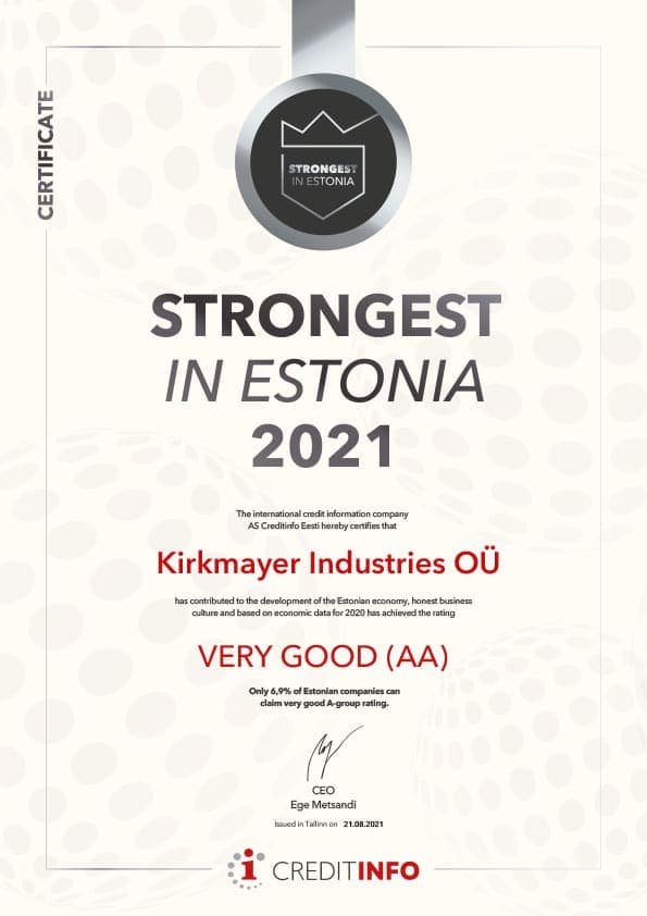 Certificado Creditinfo Strongest in Estonia 2021 — calificación Muy buena (AA)